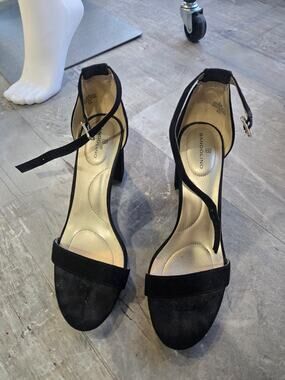 Bandolino Black Suede Armory Block Dress Sandal Heels w/ Ankle Strap | 6.5